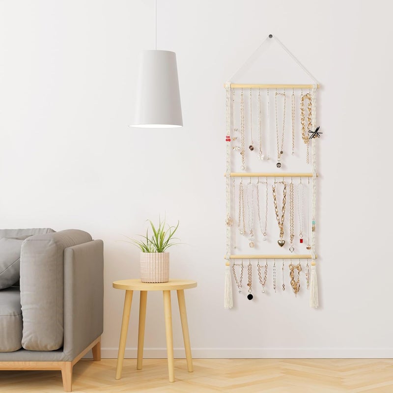 UREYMX Hanging Jewelry Organizer Macrame Necklace Holder, with 30 Hooks, Over Door Necklace Rack, Wall Mounted Jewelry Hanger with Tassel Boho for Necklace Headband Bow Earring Bracelet - Image 2